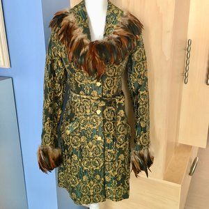 Green & Gold Brocade Opera Coat with Feathers